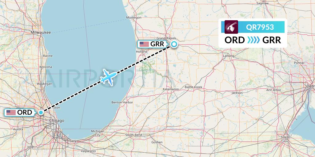 QR7953 Qatar Airways Flight Map: Chicago to Grand Rapids