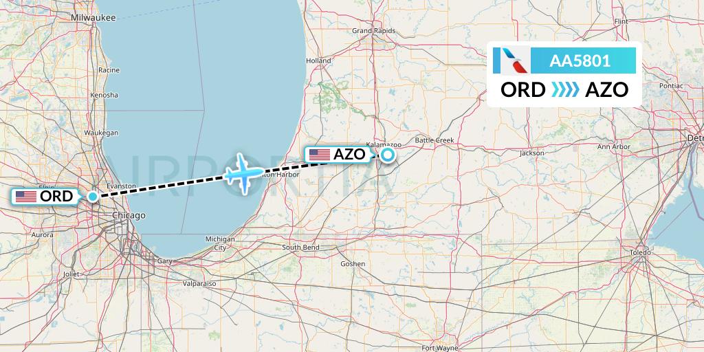 AA5801 American Airlines Flight Map: Chicago to Kalamazoo