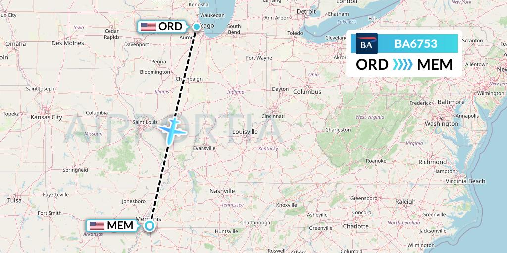 BA6753 British Airways Flight Map: Chicago to Memphis