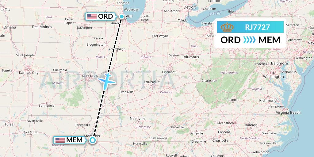 RJ7727 Royal Jordanian Flight Map: Chicago to Memphis