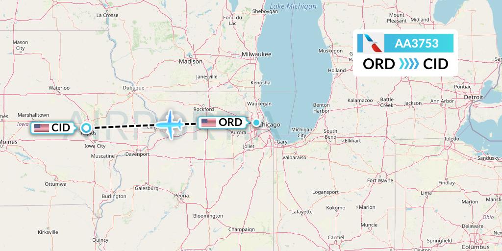 AA3753 American Airlines Flight Map: Chicago to Cedar Rapids