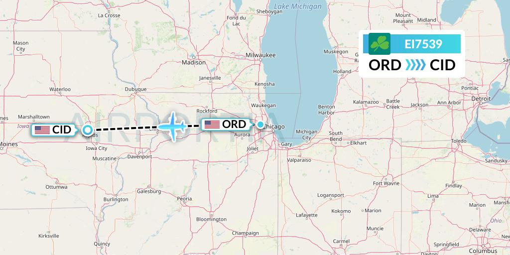 EI7539 Aer Lingus Flight Map: Chicago to Cedar Rapids