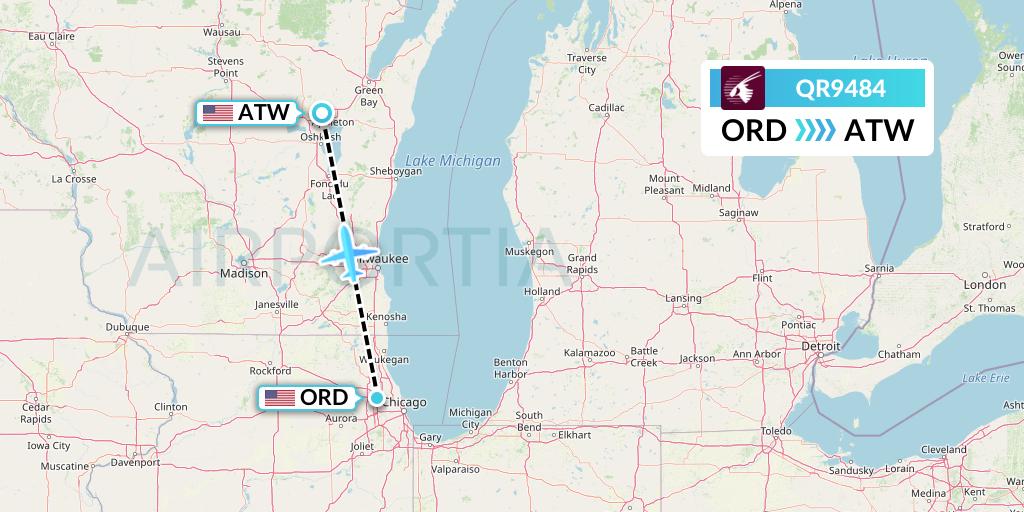 QR9484 Qatar Airways Flight Map: Chicago to Appleton