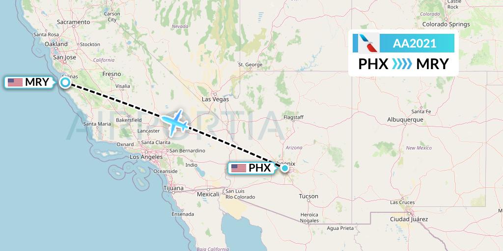AA2021 American Airlines Flight Map: Phoenix to Monterey