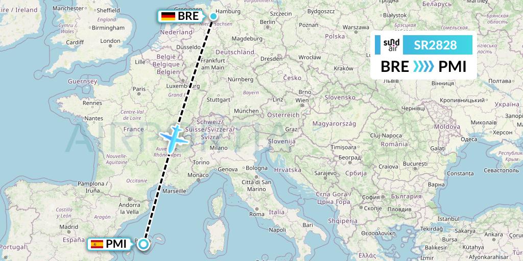 SR2828 SundAir Flight Map: Bremen to Palma de Mallorca