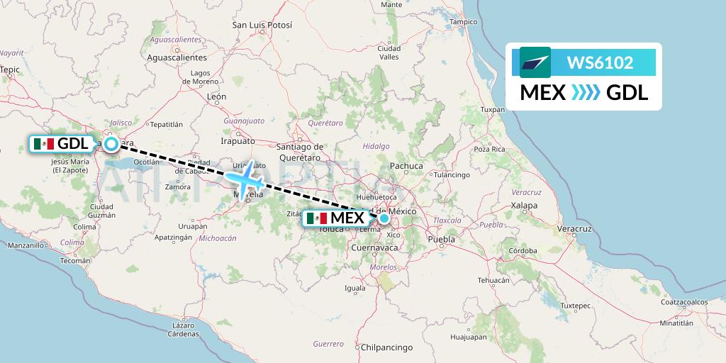 WS6102 WestJet Flight Map: Mexico City to Guadalajara