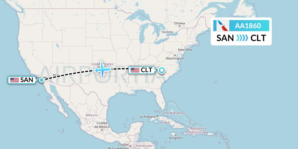 AA1860 American Airlines Flight Map: San Diego to Charlotte