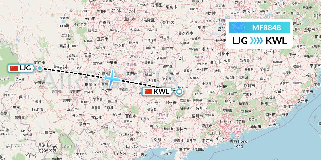 MF8848 Xiamen Airlines Flight Map: Lijiang to Guilin