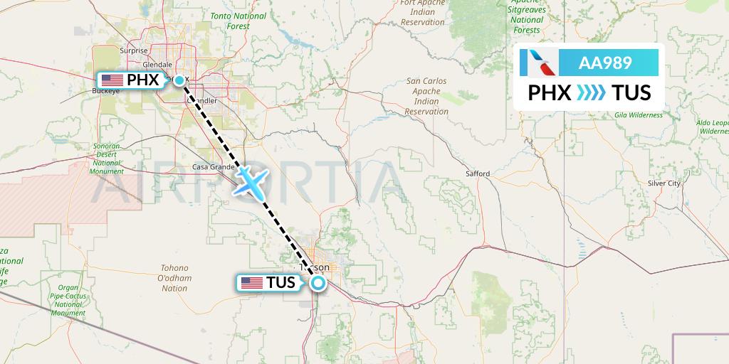 AA989 American Airlines Flight Map: Phoenix to Tucson