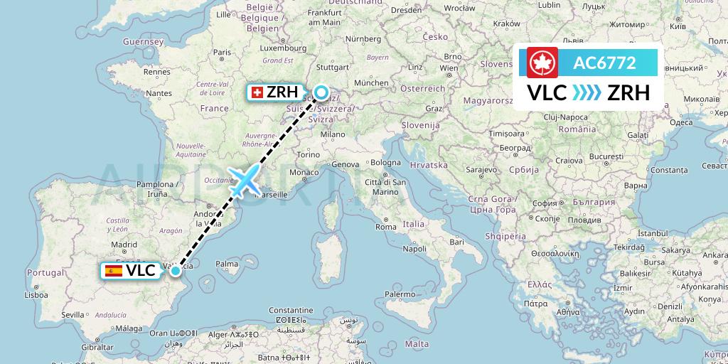 AC6772 Air Canada Flight Map: Valencia to Zurich