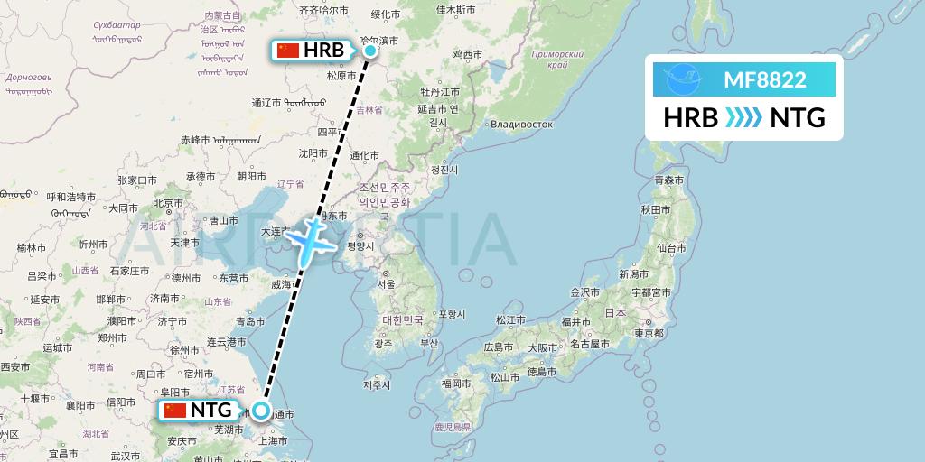 MF8822 Xiamen Airlines Flight Map: Harbin to Nantong