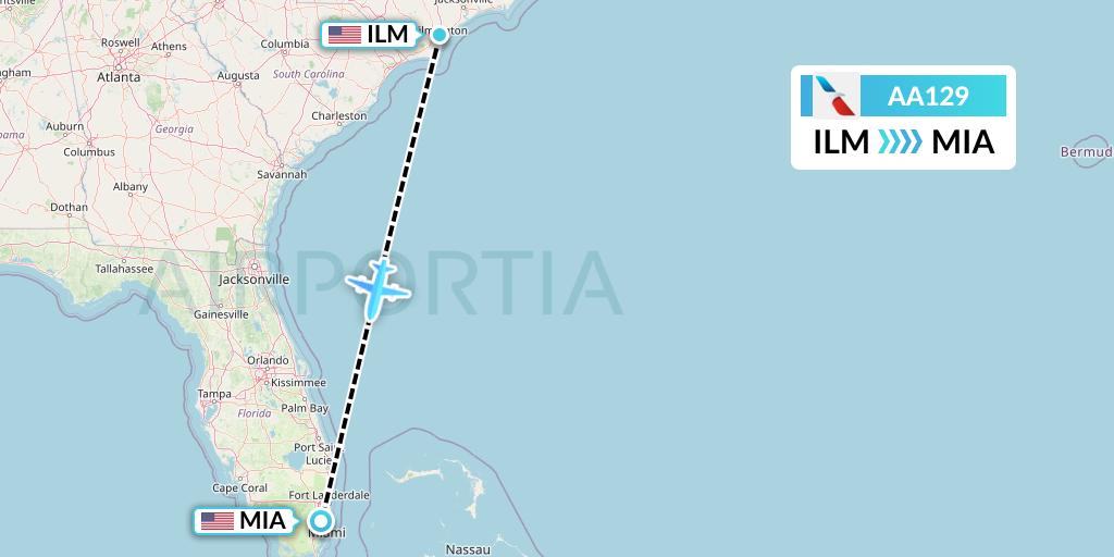 AA129 American Airlines Flight Map: Wilmington to Miami