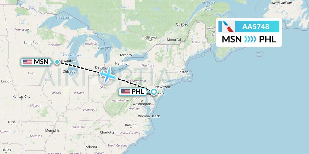 AA5748 American Airlines Flight Map: Madison to Philadelphia