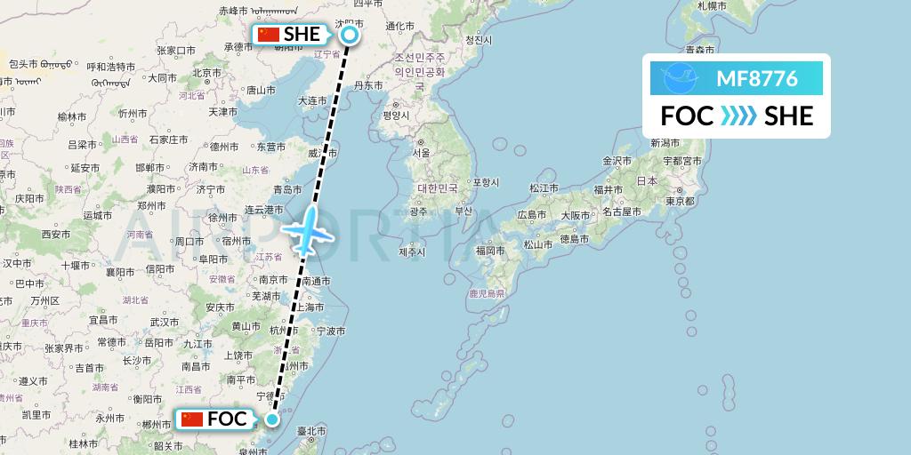 MF8776 Xiamen Airlines Flight Map: Fuzhou to Shenyang