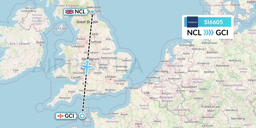 SI6605 Blue Islands Flight Map: Newcastle to Guernsey