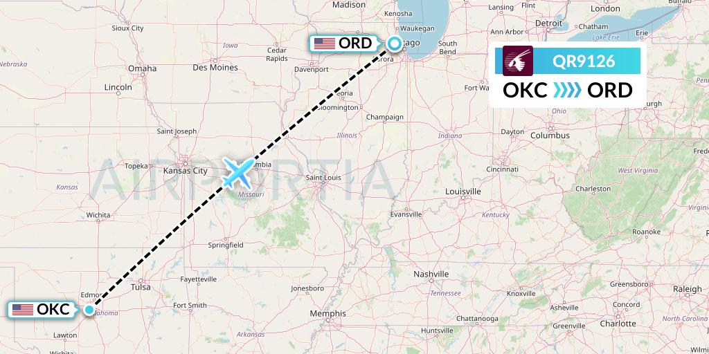 QR9126 Qatar Airways Flight Map: Oklahoma City to Chicago