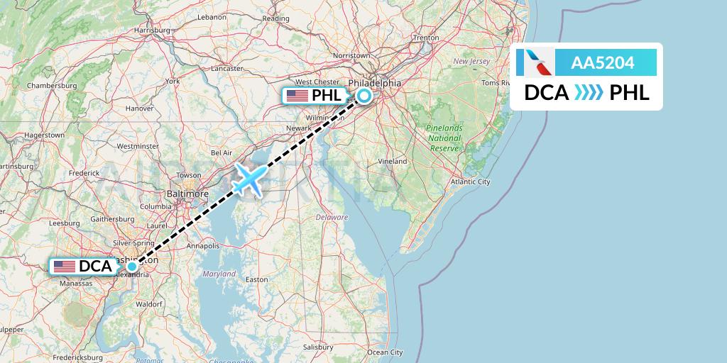 AA5204 American Airlines Flight Map: Washington to Philadelphia