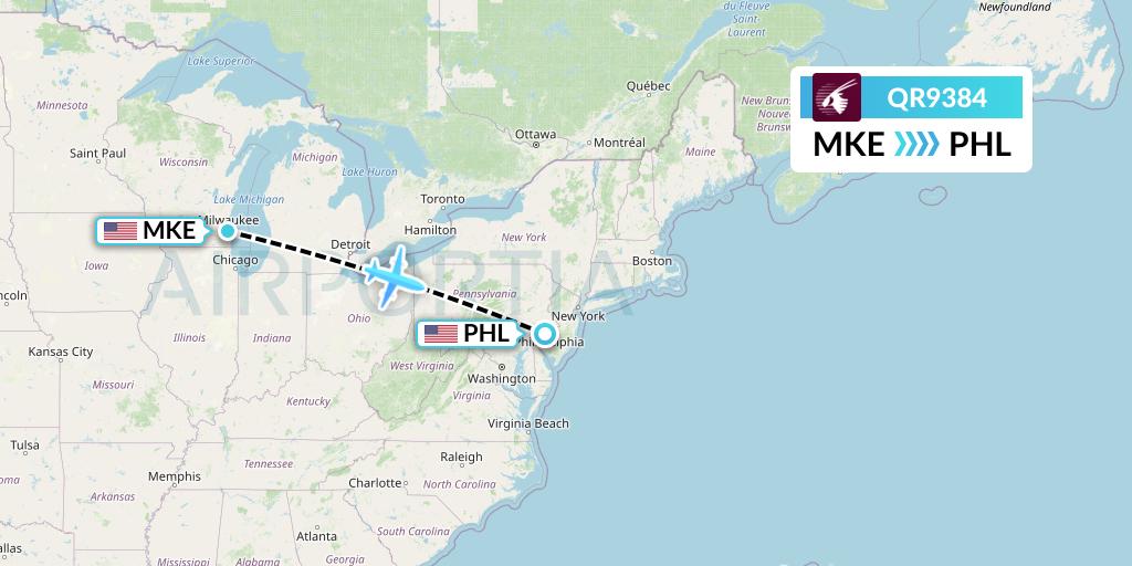 QR9384 Qatar Airways Flight Map: Milwaukee to Philadelphia