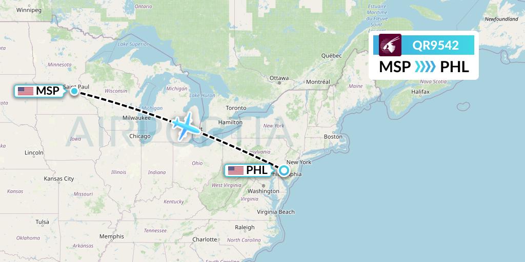 QR9542 Qatar Airways Flight Map: Minneapolis to Philadelphia