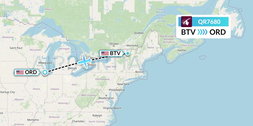 QR7680 Qatar Airways Flight Map: Burlington to Chicago