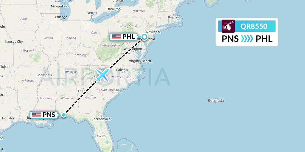 QR8550 Qatar Airways Flight Map: Pensacola to Philadelphia
