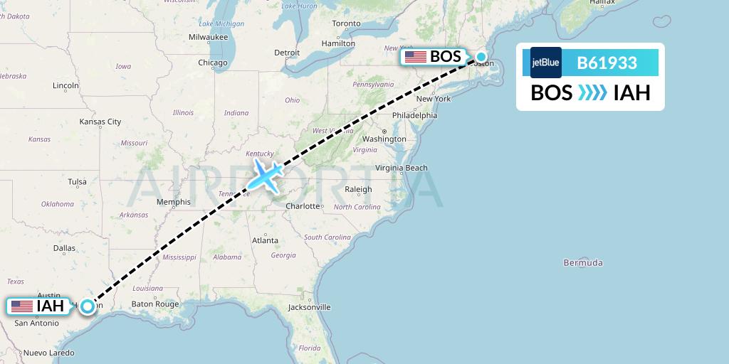 B61933 JetBlue Airways Flight Map: Boston to Houston