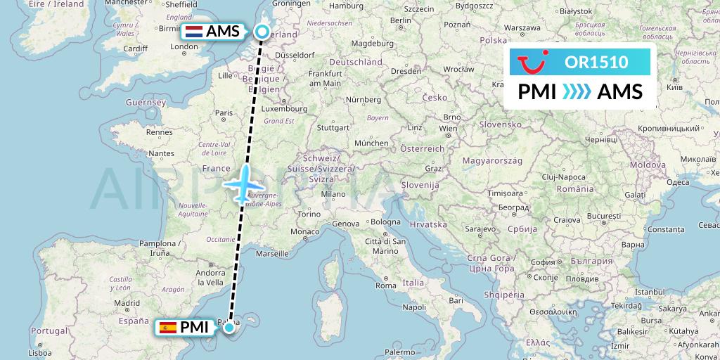OR1510 TUI fly Netherlands Flight Map: Palma de Mallorca to Amsterdam