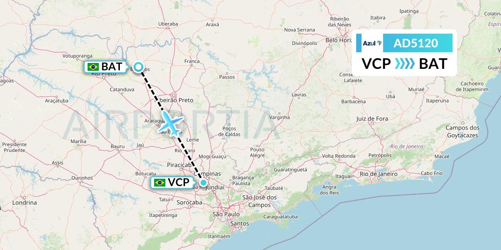 AD5120 Azul Brazilian Airlines Flight Map: Campinas to Barretos