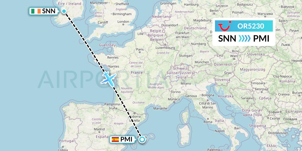 OR5230 TUI fly Netherlands Flight Map: Shannon to Palma de Mallorca