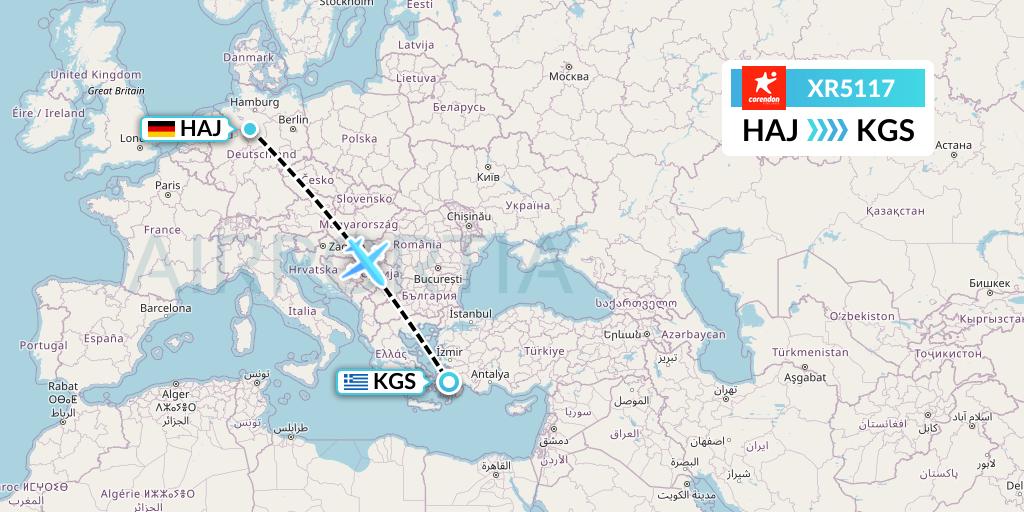 XR5117 Corendon Airlines Europe Flight Map: Hannover to Kos