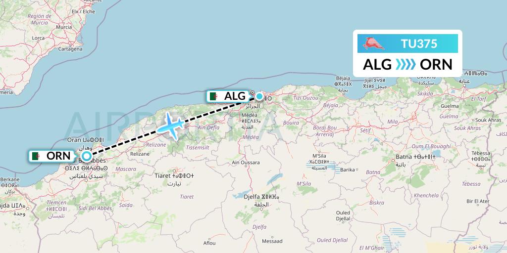 TU375 Tunisair Flight Map: Algiers to Oran