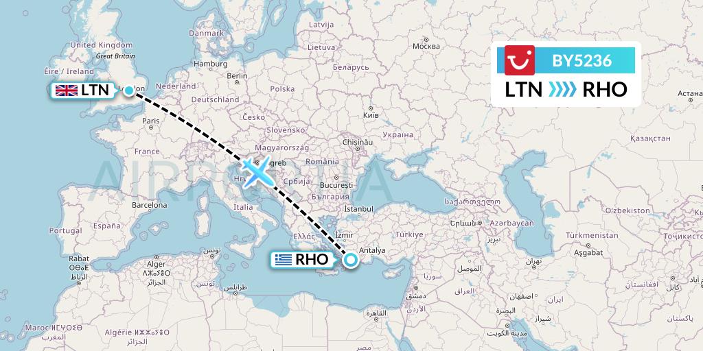 BY5236 TUI Airways Flight Map: London to Rhodes