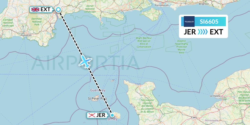 SI6605 Blue Islands Flight Map: Jersey to Exeter