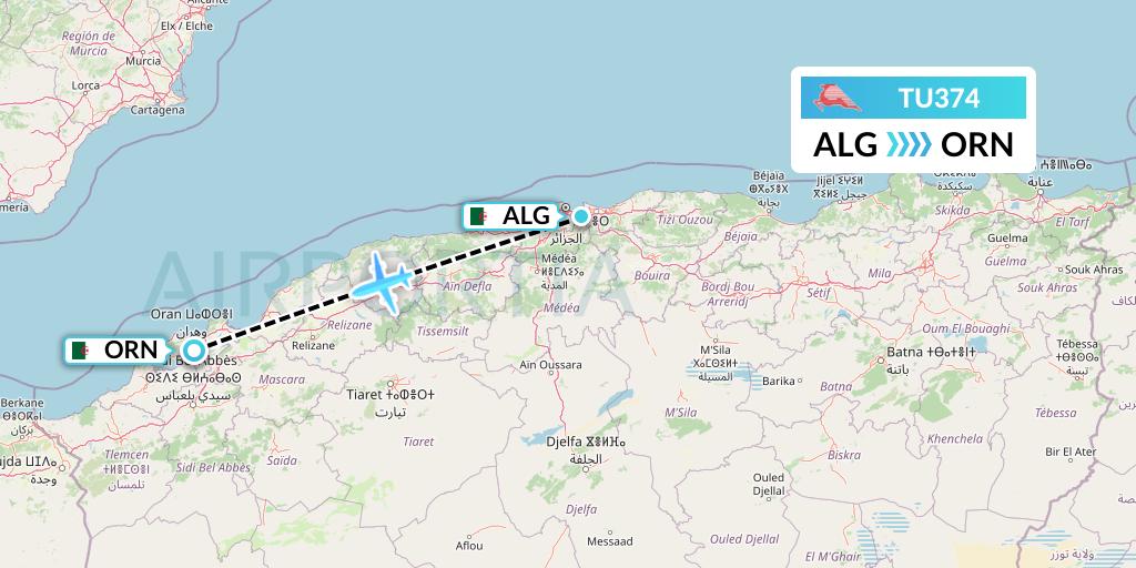 TU374 Tunisair Flight Map: Algiers to Oran