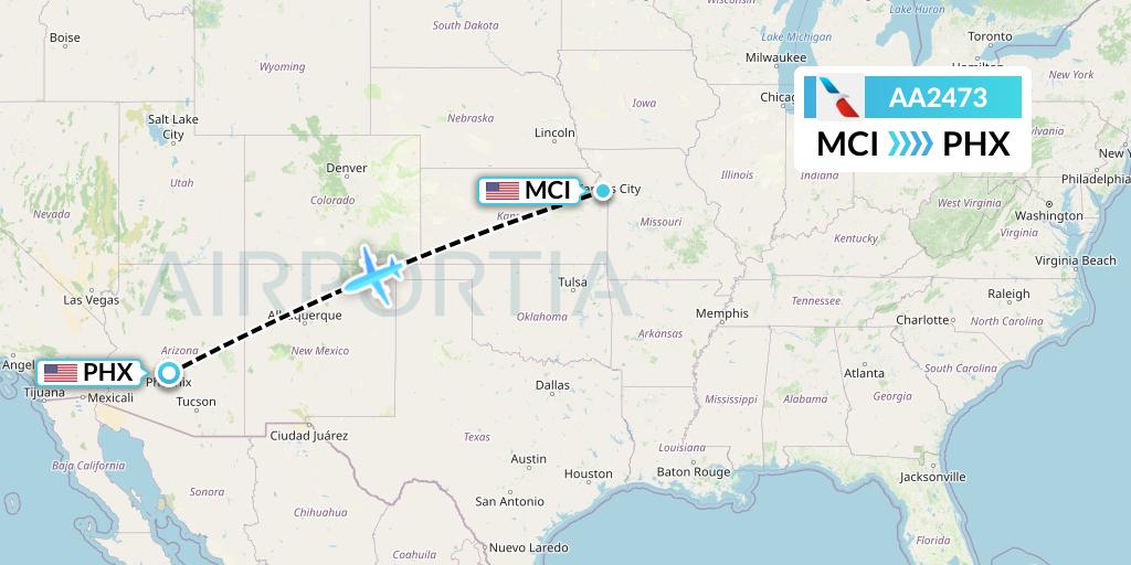 AA2473 American Airlines Flight Map: Kansas City to Phoenix