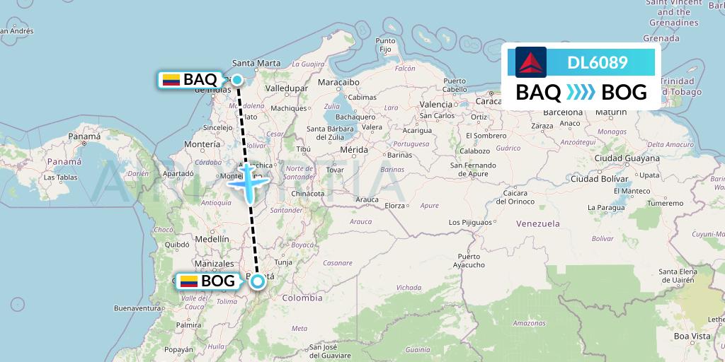 DL6089 Delta Air Lines Flight Map: Barranquilla to Bogota