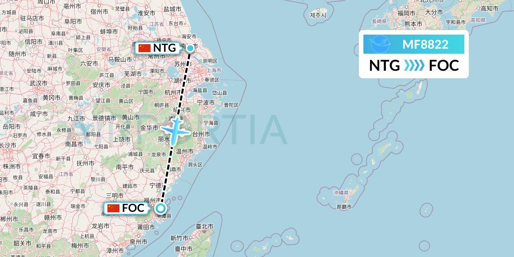 MF8822 Xiamen Airlines Flight Map: Nantong to Fuzhou