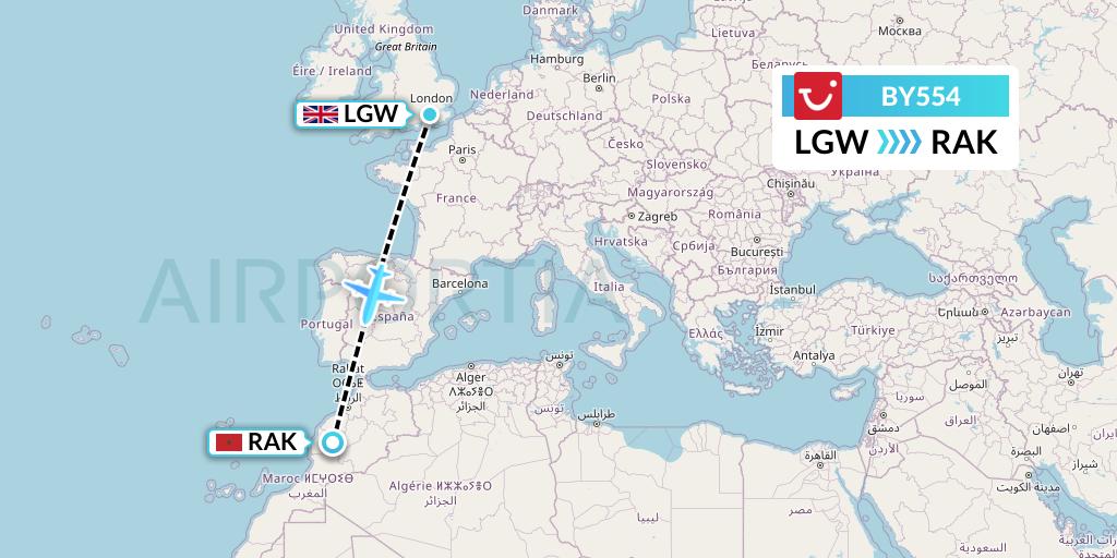 BY554 TUI Airways Flight Map: London to Marrakesh