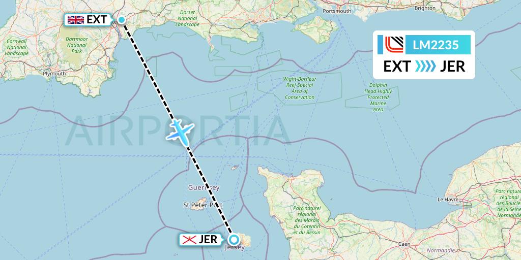 LM2235 Loganair Flight Map: Exeter to Jersey