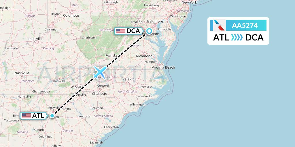 AA5274 American Airlines Flight Map: Atlanta to Washington