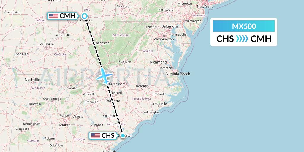 MX500 Breeze Airways Flight Map: Charleston to Columbus