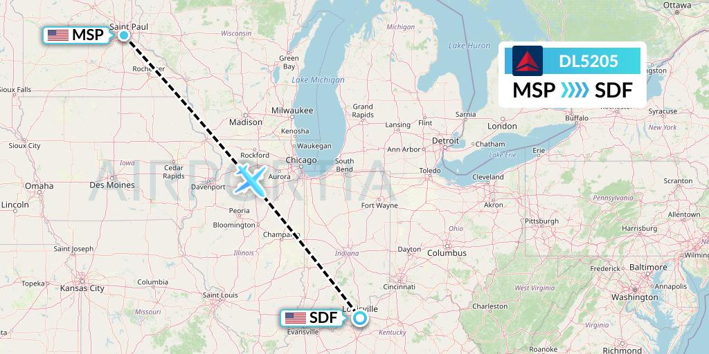 DL5205 Delta Air Lines Flight Map: Minneapolis to Louisville