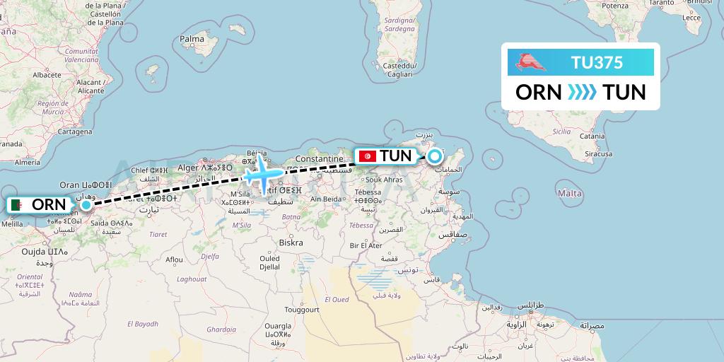 TU375 Tunisair Flight Map: Oran to Tunis