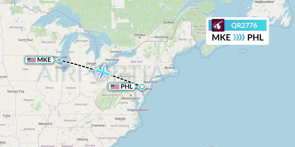 QR2776 Qatar Airways Flight Map: Milwaukee to Philadelphia