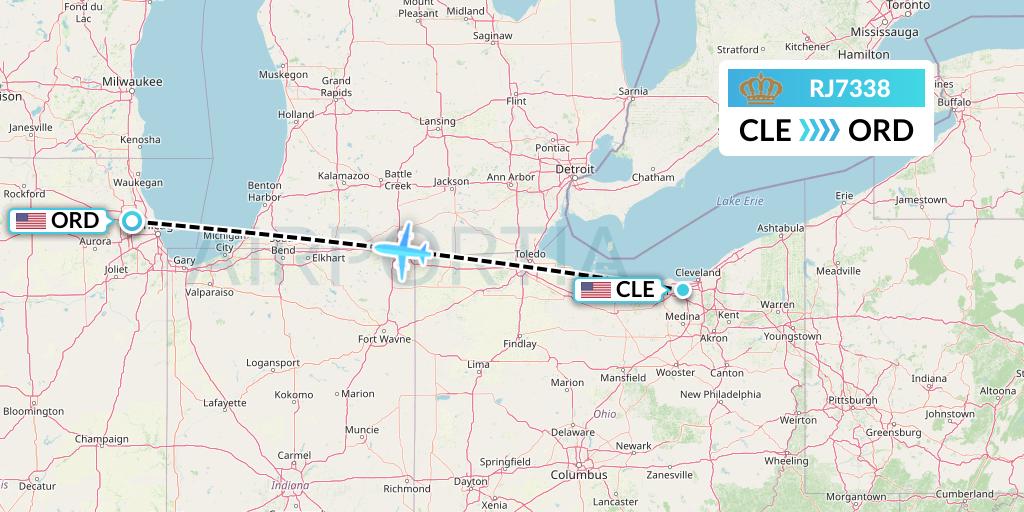 RJ7338 Royal Jordanian Flight Map: Cleveland to Chicago