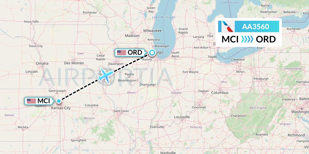 AA3560 American Airlines Flight Map: Kansas City to Chicago