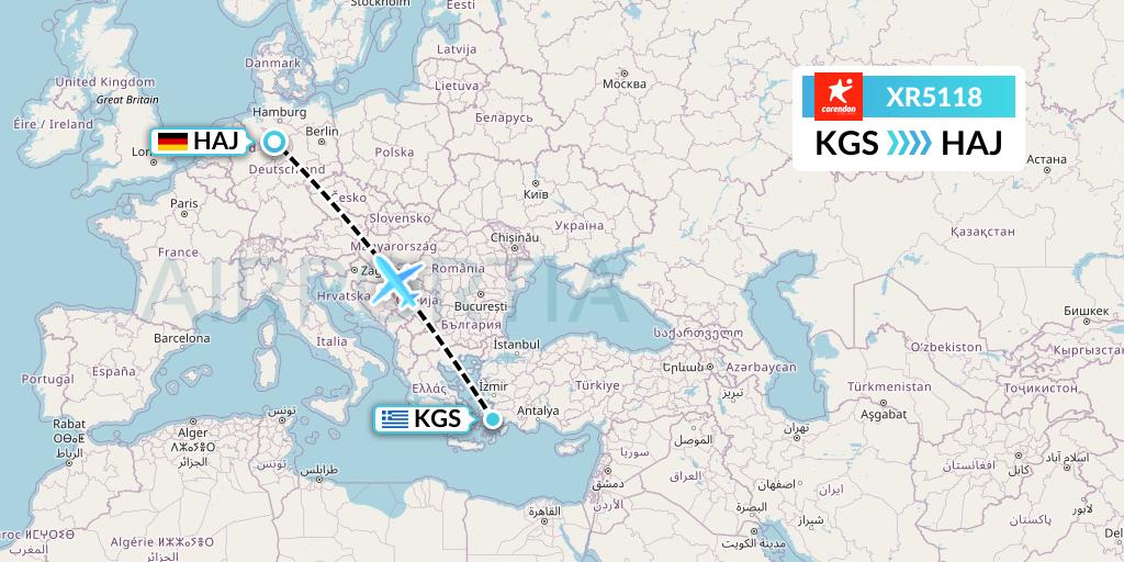 XR5118 Corendon Airlines Europe Flight Map: Kos to Hannover