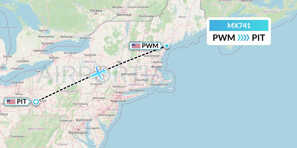 MX741 Breeze Airways Flight Map: Portland to Pittsburgh