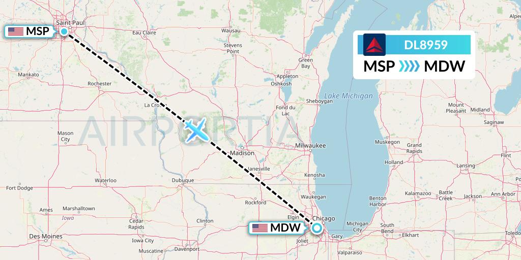 DL8959 Delta Air Lines Flight Map: Minneapolis to Chicago