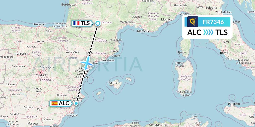 FR7346 Ryanair Flight Map: Alicante to Toulouse